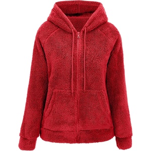 RISISSIDA Women Sherpa Faux Fur Jacket Hooded,Fleece Soft Hoodie(Red)
