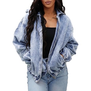 SHEWIN Womens Jean Jacket Vintage Long Sleeve Drop Shoulder Zip Up Elastic Hem Loose Washed Hooded Bomber Jacket Coat(Beau Blue)