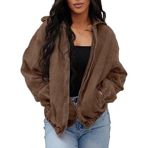 SHEWIN Womens Jean Jacket Vintage Long Sleeve Drop Shoulder Zip Up Elastic Hem Loose Washed Hooded Bomber Jacket Coat(Brown)
