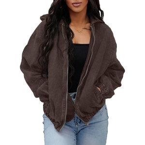 SHEWIN Womens Jean Jacket Vintage Long Sleeve Drop Shoulder Zip Up Elastic Hem Loose Washed Hooded Bomber Jacket Coat(Coffee)