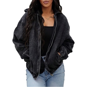 SHEWIN Womens Jean Jacket Vintage Long Sleeve Drop Shoulder Zip Up Elastic Hem Loose Washed Hooded Bomber Jacket Coat(Color Black)