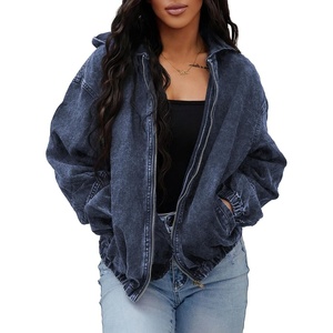 SHEWIN Womens Jean Jacket Vintage Long Sleeve Drop Shoulder Zip Up Elastic Hem Loose Washed Hooded Bomber Jacket Coat(Sail Blue)