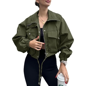 Tankaneo Womens Cropped Jacket Zip Up Lightweight Oversized Utility Anorak(Army Green)
