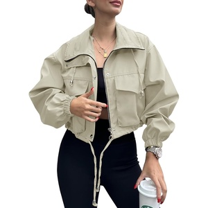 Tankaneo Womens Cropped Jacket Zip Up Lightweight Oversized Utility Anorak(Beige)