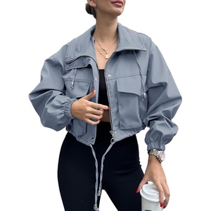 Tankaneo Womens Cropped Jacket Zip Up Lightweight Oversized Utility Anorak(Blue Grey)