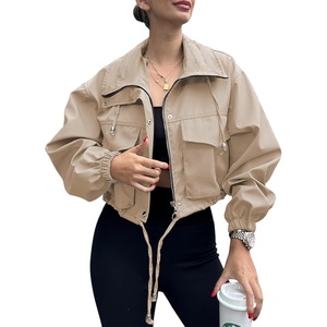 Tankaneo Womens Cropped Jacket Zip Up Lightweight Oversized Utility Anorak(Khaki)