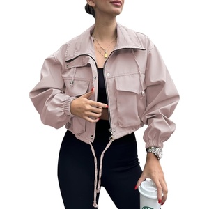 Tankaneo Womens Cropped Jacket Zip Up Lightweight Oversized Utility Anorak(Pink)