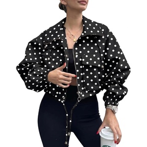 Tankaneo Womens Cropped Jacket Zip Up Lightweight Oversized Utility Anorak(Polka Dots Black)