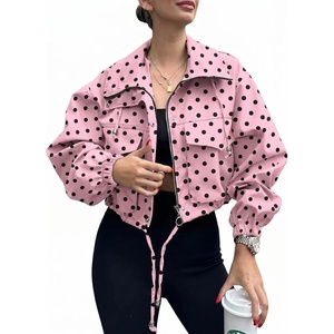 Tankaneo Womens Cropped Jacket Zip Up Lightweight Oversized Utility Anorak(Polka Dots Pink)
