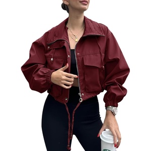 Tankaneo Womens Cropped Jacket Zip Up Lightweight Oversized Utility Anorak(Wine Red)