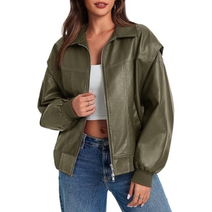 Tankaneo Womens Oversized Leather Bomber Jackets Zip Up Motorcycle Coats(Army Green)