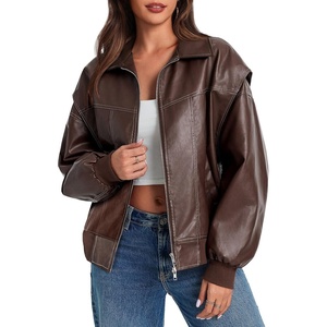 Tankaneo Womens Oversized Leather Bomber Jackets Zip Up Motorcycle Coats(Brown)