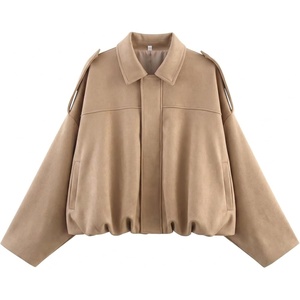 Women Faux Suede Bomber Jacket Oversized Cropped Fall Winter Coat(01 Khaki Pocket)