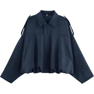 Women Faux Suede Bomber Jacket Oversized Cropped Fall Winter Coat(01 Navy Pocket)