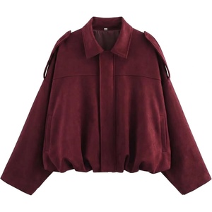 Women Faux Suede Bomber Jacket Oversized Cropped Fall Winter Coat(01 Red Pocket)