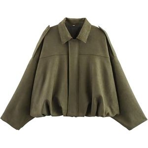 Women Faux Suede Bomber Jacket Oversized Cropped Fall Winter Coat(Army Green)