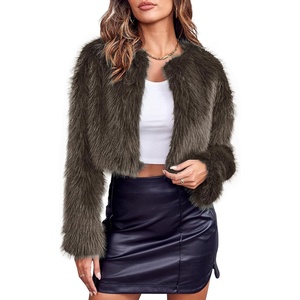 Womens Cropped Faux Fur Jacket Long Sleeve Fluffy Shaggy Short Coat(Dark Brown)