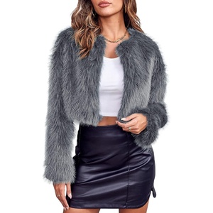 Womens Cropped Faux Fur Jacket Long Sleeve Fluffy Shaggy Short Coat(Dark Grey)