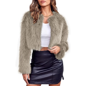 Womens Cropped Faux Fur Jacket Long Sleeve Fluffy Shaggy Short Coat(Dark Khaki)