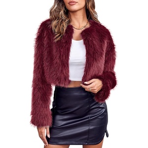 Womens Cropped Faux Fur Jacket Long Sleeve Fluffy Shaggy Short Coat(Wine Red)