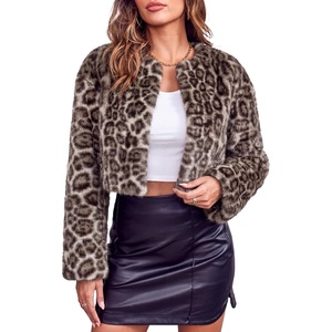 Womens Cropped Faux Fur Jacket Long Sleeve Fluffy Shaggy Short Coat(Z Leopard Grey)