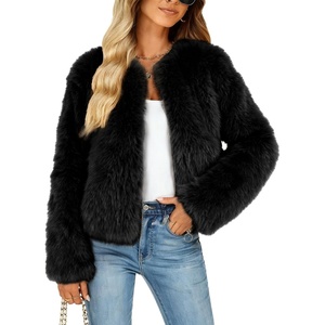 Women’s Faux Fur Coat Winter Warm Cropped Jacket Trendy Long Sleeve Crew Neck Zip Up Outerwear(Black)