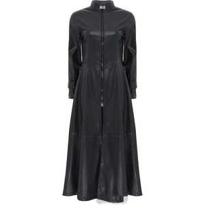 Women’s Faux Leather Jacket Trench Coat Fashion Long Sleeves Full Zipper Ankle Length Dress(Black)
