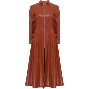 Women’s Faux Leather Jacket Trench Coat Fashion Long Sleeves Full Zipper Ankle Length Dress(Brown)