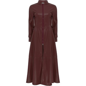 Women’s Faux Leather Jacket Trench Coat Fashion Long Sleeves Full Zipper Ankle Length Dress(Burgundy)