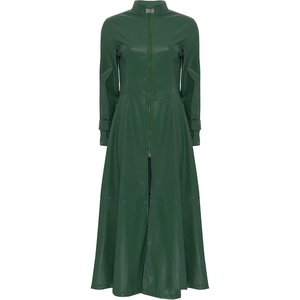 Women’s Faux Leather Jacket Trench Coat Fashion Long Sleeves Full Zipper Ankle Length Dress(Dark Green)