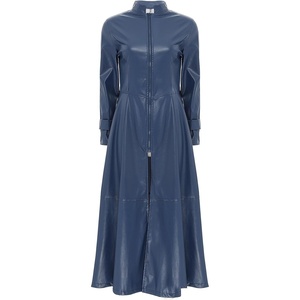 Women’s Faux Leather Jacket Trench Coat Fashion Long Sleeves Full Zipper Ankle Length Dress(Navy Blue)