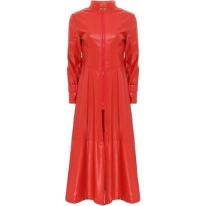 Women’s Faux Leather Jacket Trench Coat Fashion Long Sleeves Full Zipper Ankle Length Dress(Red)