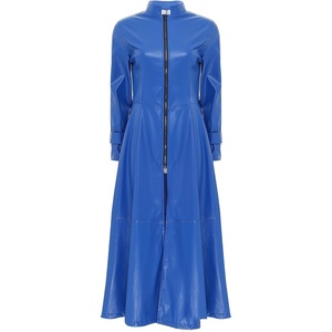 Women’s Faux Leather Jacket Trench Coat Fashion Long Sleeves Full Zipper Ankle Length Dress(Royal Blue)