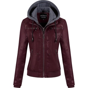 Women’s Faux Leather Jacket Waterproof Motorcycle Bomber Jacket Vintage PU Moto Biker Coat With Removable Hood(Burgundy)