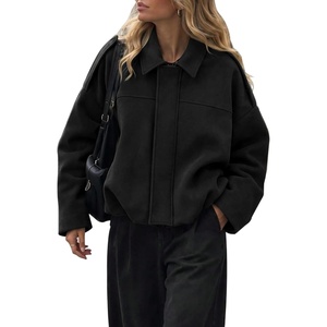 Womens Faux Suede Bomber Jacket Fall Oversized Long Sleeve Coats(Black)