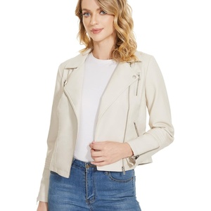 Women’s Lapel Faux Leather Moto Jacket, Multiple Colors, S-XXL(White)