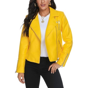 Women’s Lapel Faux Leather Moto Jacket, Multiple Colors, S-XXL(Yellow)