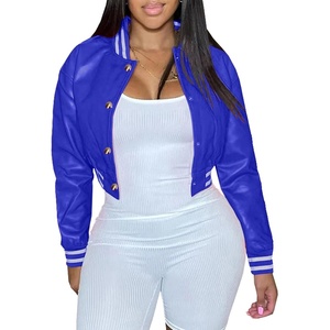 Xaspee Womens Faux Leather Varsity Jacket Cropped Baseball Bomber Jacket(Blue)