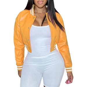 Xaspee Womens Faux Leather Varsity Jacket Cropped Baseball Bomber Jacket(Yellow)