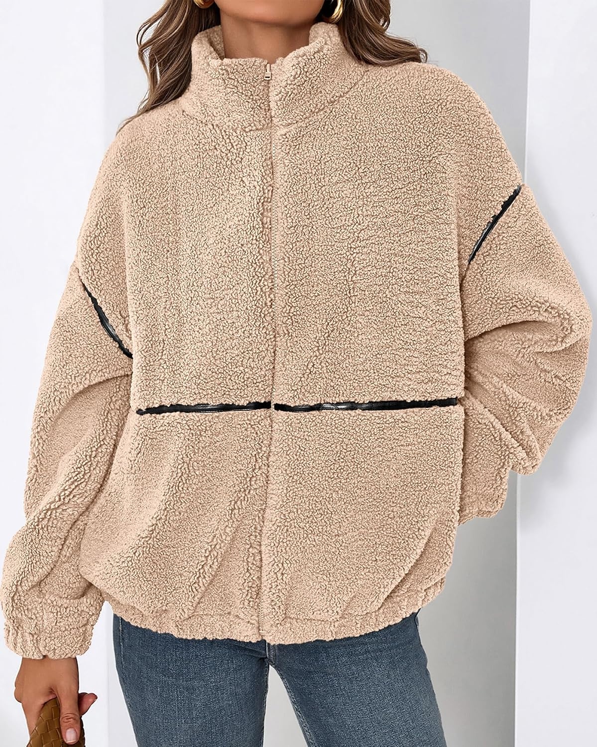 image:imageKIRUNDO Sherpa Jacket Women Fleece Zip Up Winter CoatsBeige