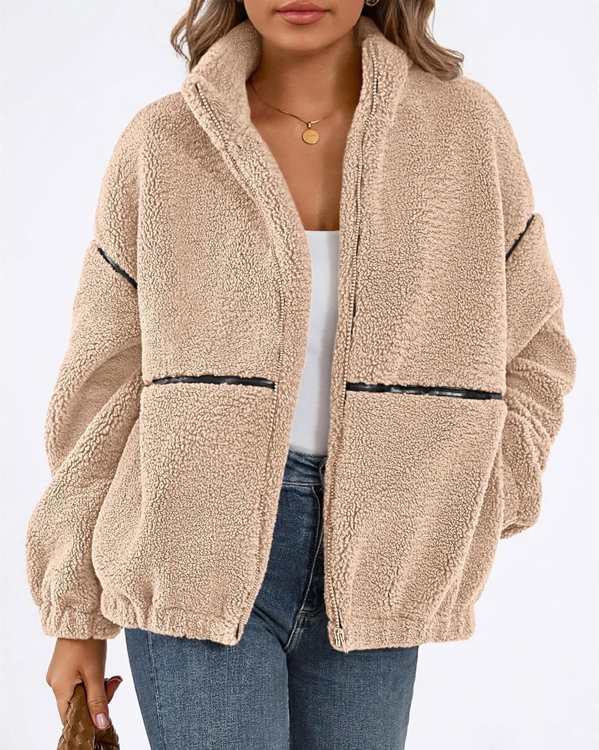 image:imageKIRUNDO Sherpa Jacket Women Fleece Zip Up Winter CoatsBeige