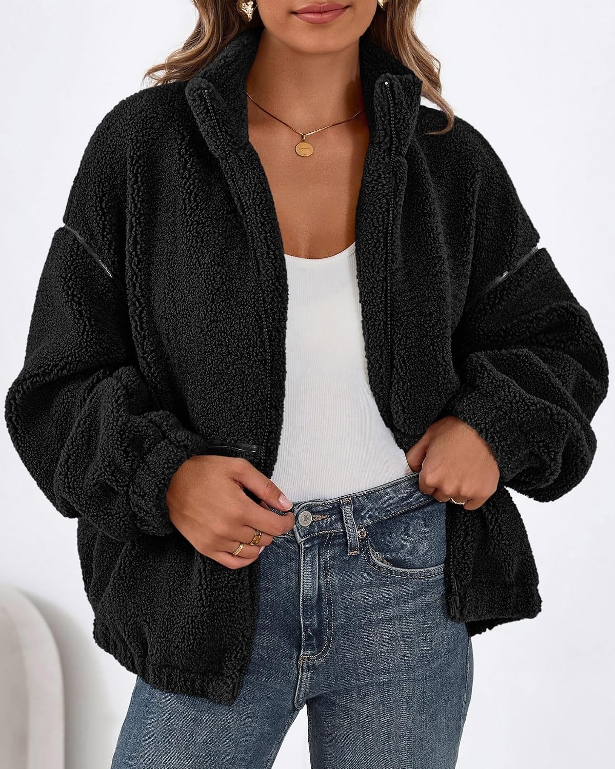 image:imageKIRUNDO Sherpa Jacket Women Fleece Zip Up Winter CoatsBlack