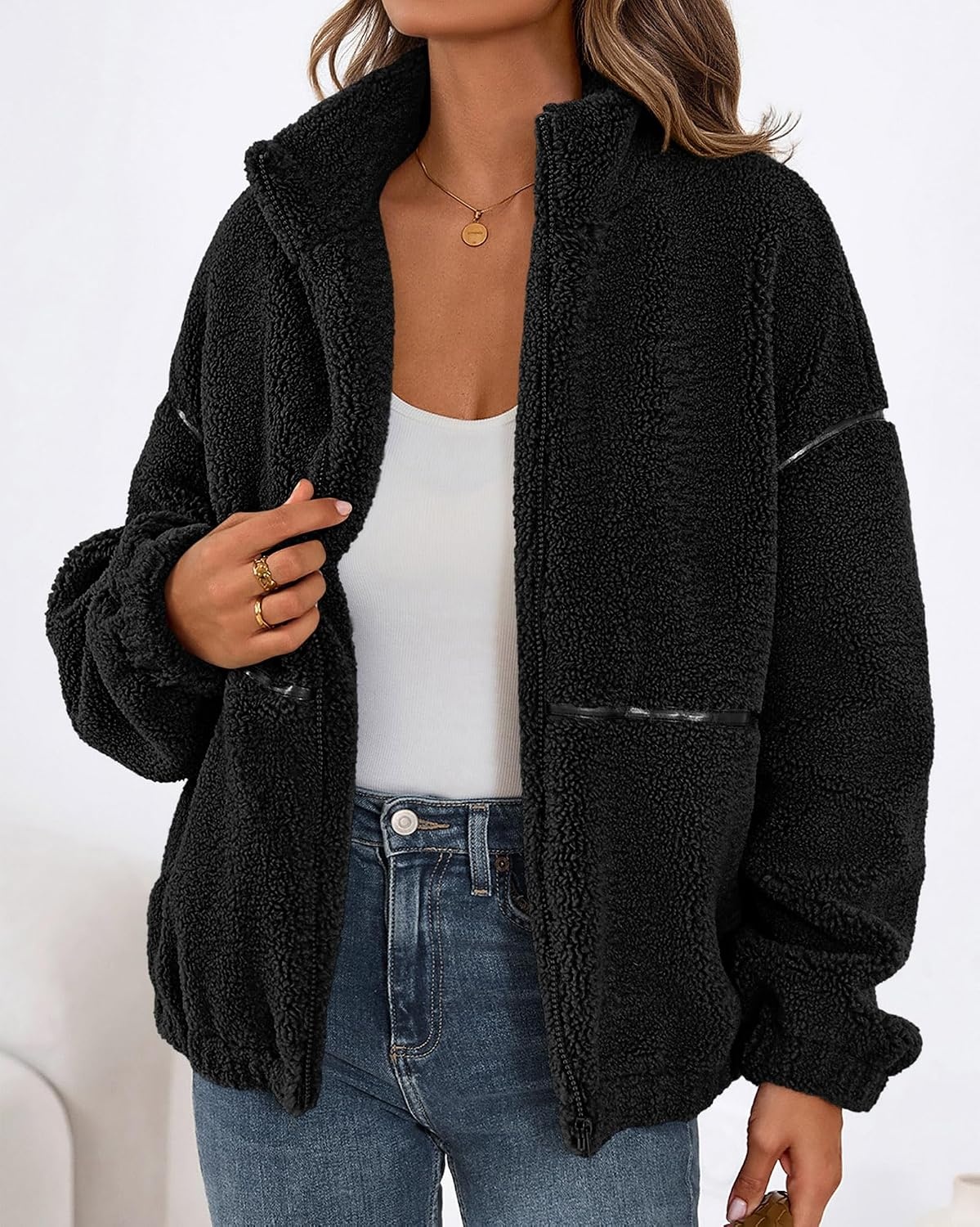 image:imageKIRUNDO Sherpa Jacket Women Fleece Zip Up Winter CoatsBlack