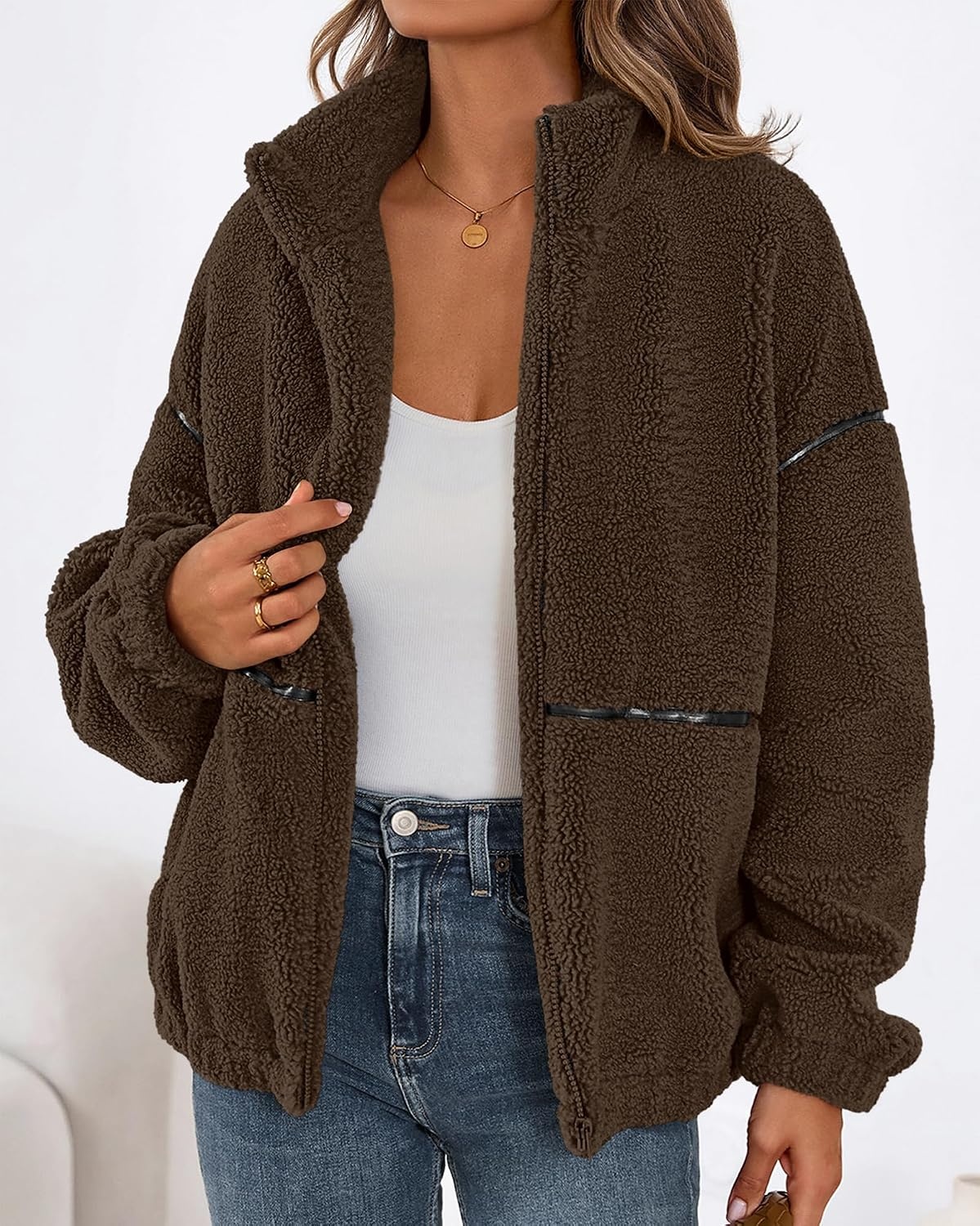 image:imageKIRUNDO Sherpa Jacket Women Fleece Zip Up Winter CoatsBrown