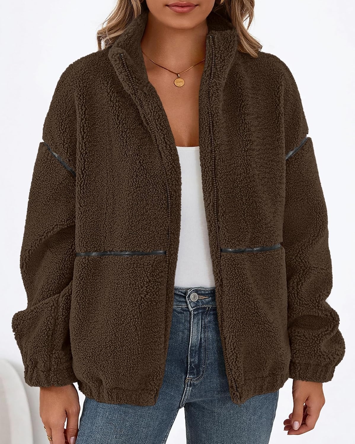 image:imageKIRUNDO Sherpa Jacket Women Fleece Zip Up Winter CoatsBrown