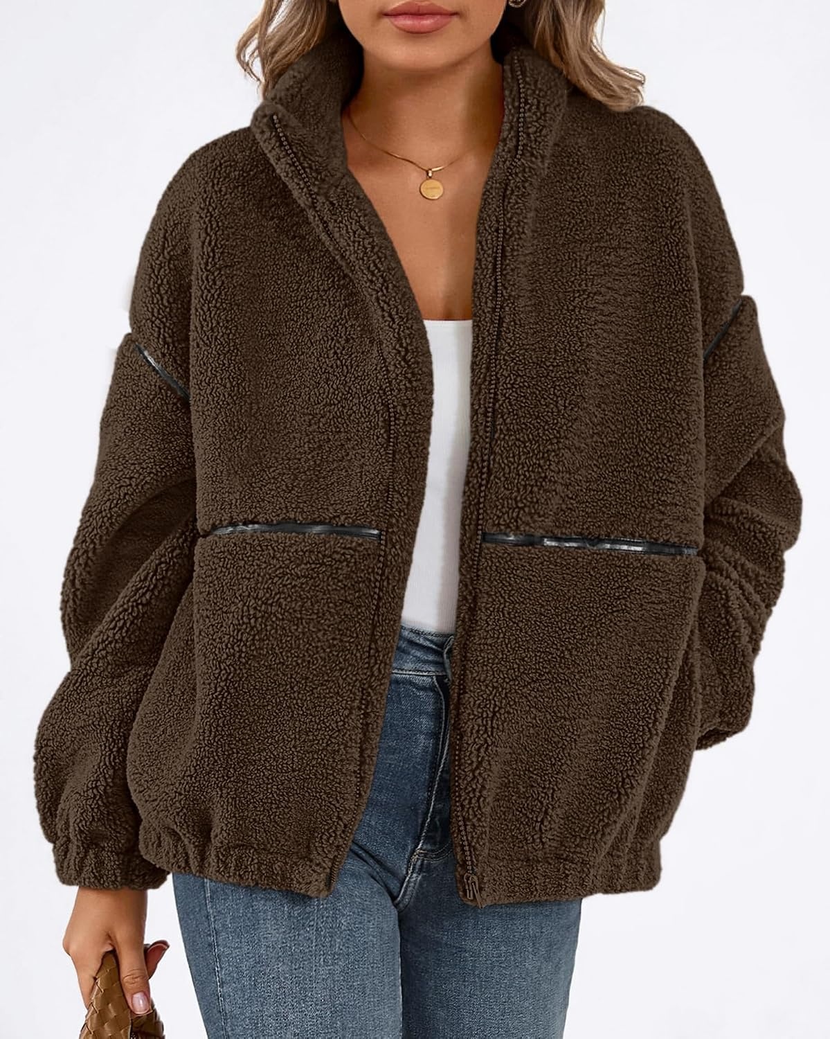 image:imageKIRUNDO Sherpa Jacket Women Fleece Zip Up Winter CoatsBrown
