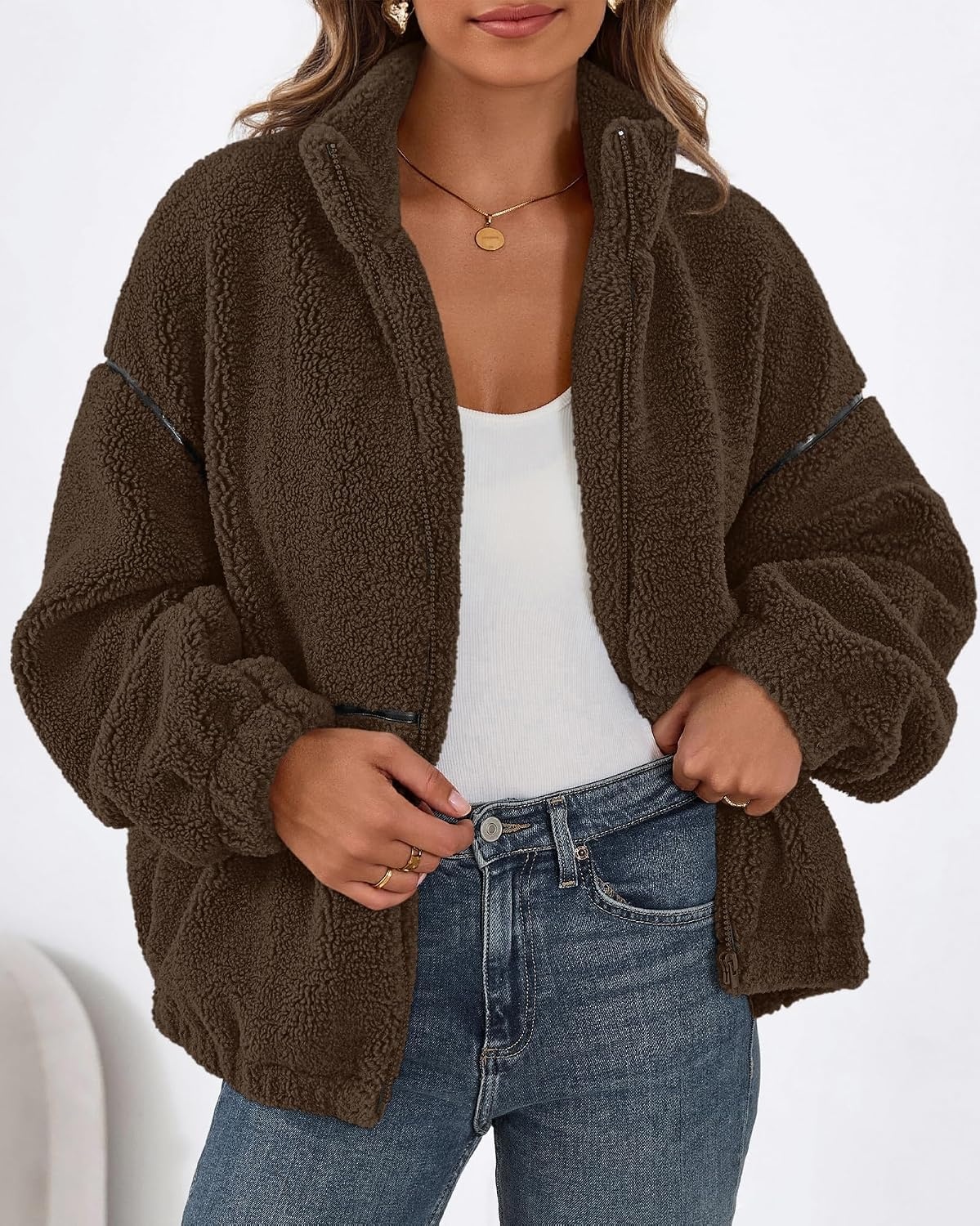image:imageKIRUNDO Sherpa Jacket Women Fleece Zip Up Winter CoatsBrown