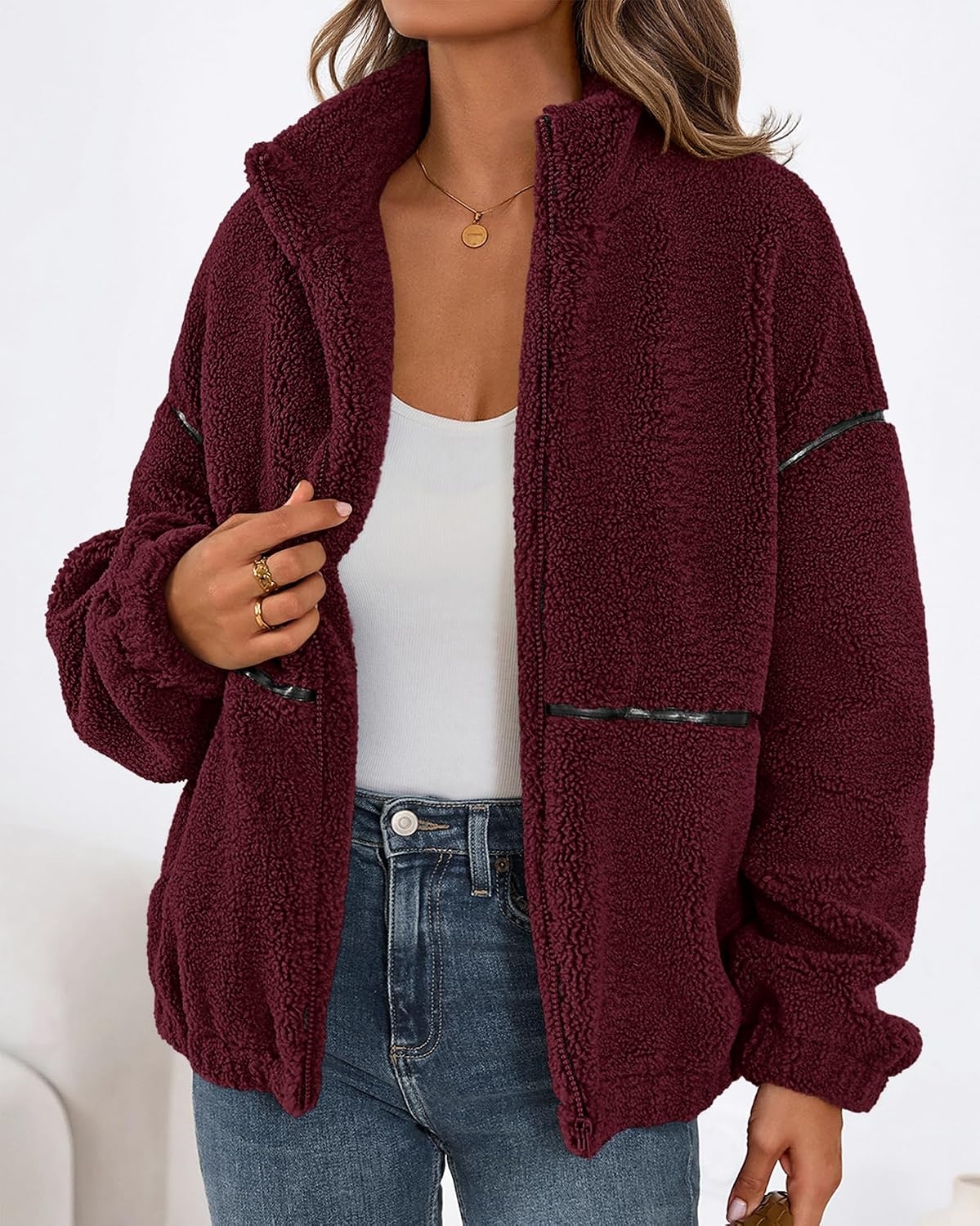 image:imageKIRUNDO Sherpa Jacket Women Fleece Zip Up Winter CoatsBurgundy