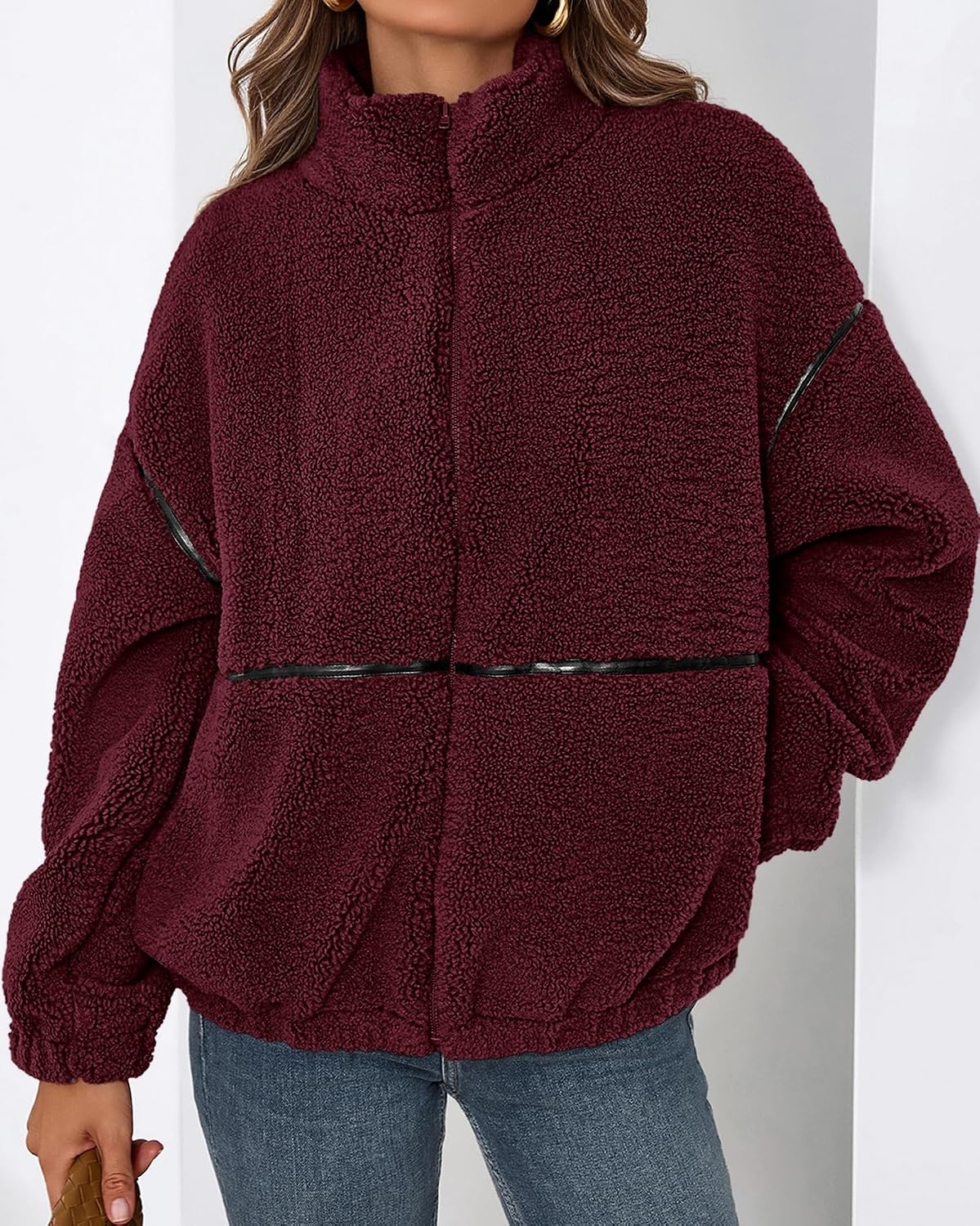 image:imageKIRUNDO Sherpa Jacket Women Fleece Zip Up Winter CoatsBurgundy