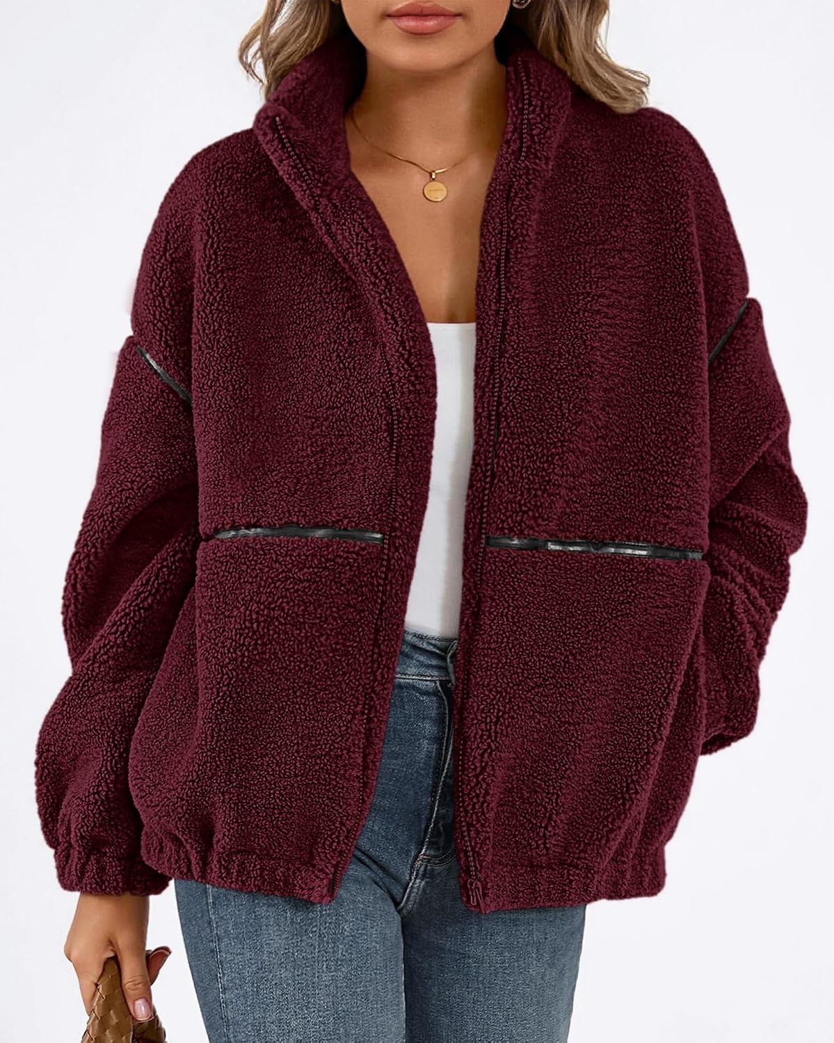 image:imageKIRUNDO Sherpa Jacket Women Fleece Zip Up Winter CoatsBurgundy